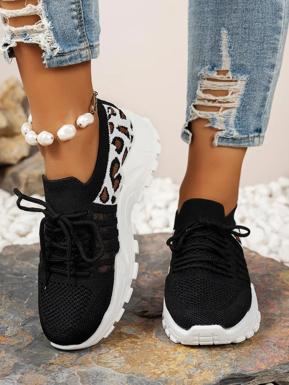 Cutout Leopard Lace Up Mesh Athletic Shoes
