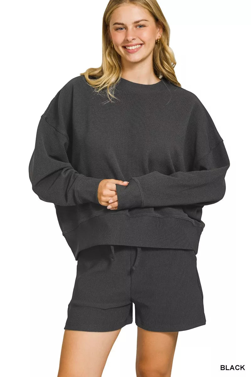 Zenana Ribbed Round Neck Pullover and Shorts Set Clothing Set BLACK