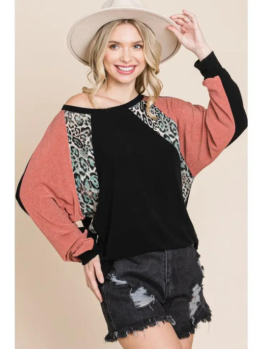 Color Block Animal Print Contrast Top - Moonlight Boutique