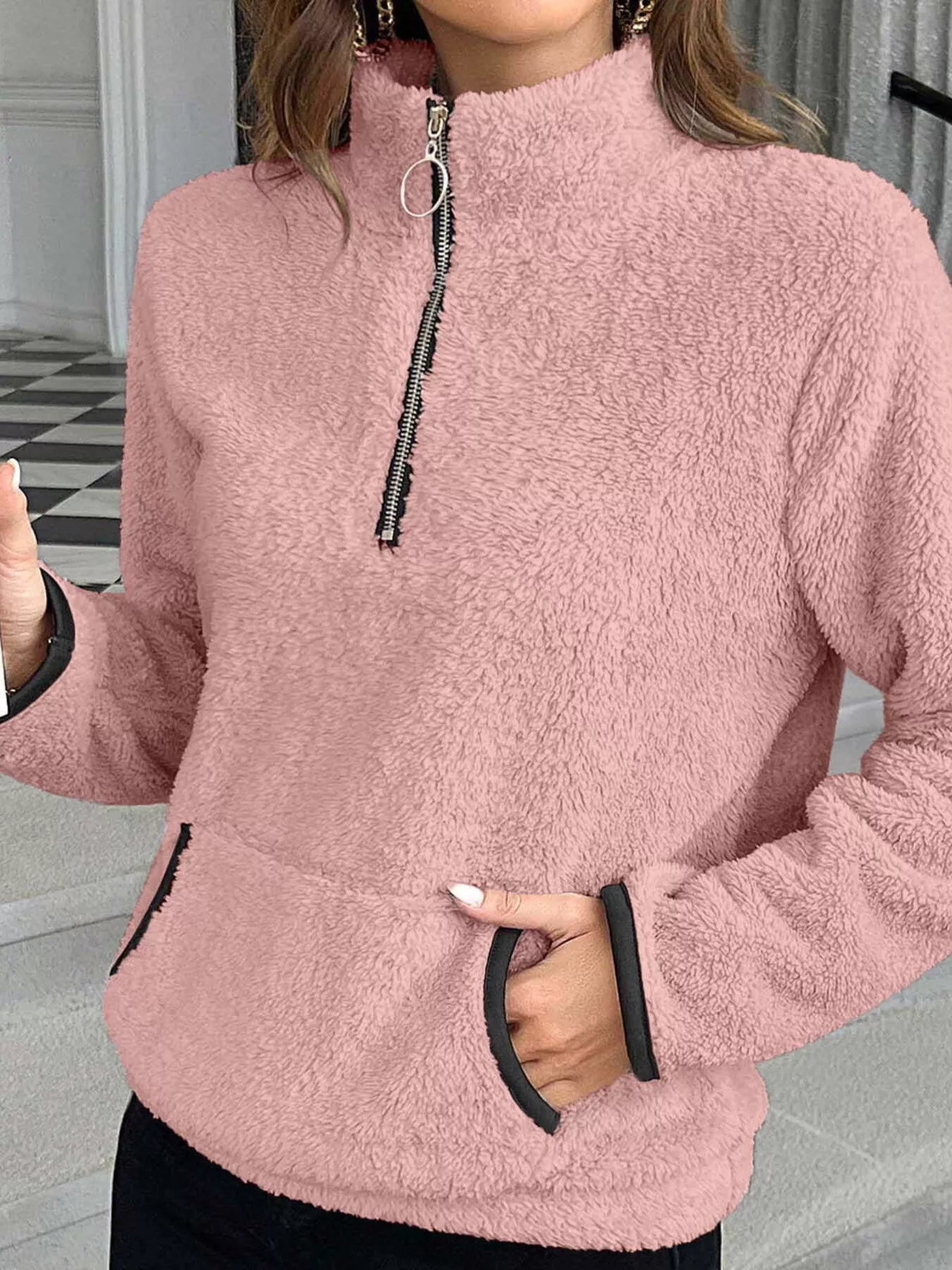 Plus Size Cozy Fleece Quarter Zip Sweatshirt with Pockets Sweatshirt