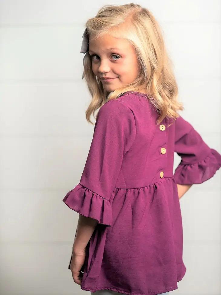 Kids Wine Ruffle Long Sleeve Shirt with Buttons - Moonlight Boutique