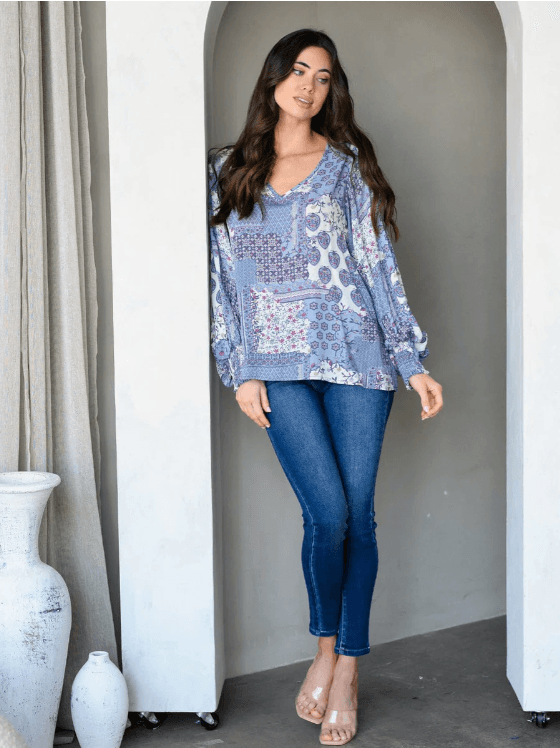 Long Sleeve V-Neck Multi Print Tunic Top - Moonlight Boutique