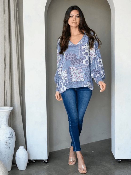 Long Sleeve V-Neck Multi Print Tunic Top - Moonlight Boutique