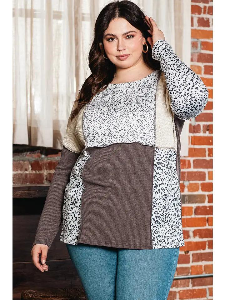 Plus Size Leopard Waffle Ribbed Knit Patchwork Top - Moonlight Boutique