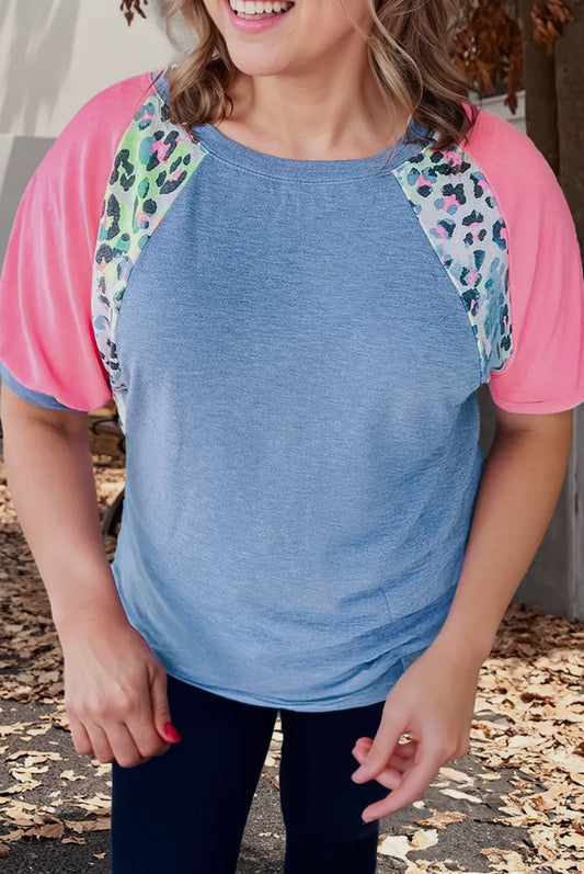 Leopard Print Patch Color-block Plus Size T-Shirt