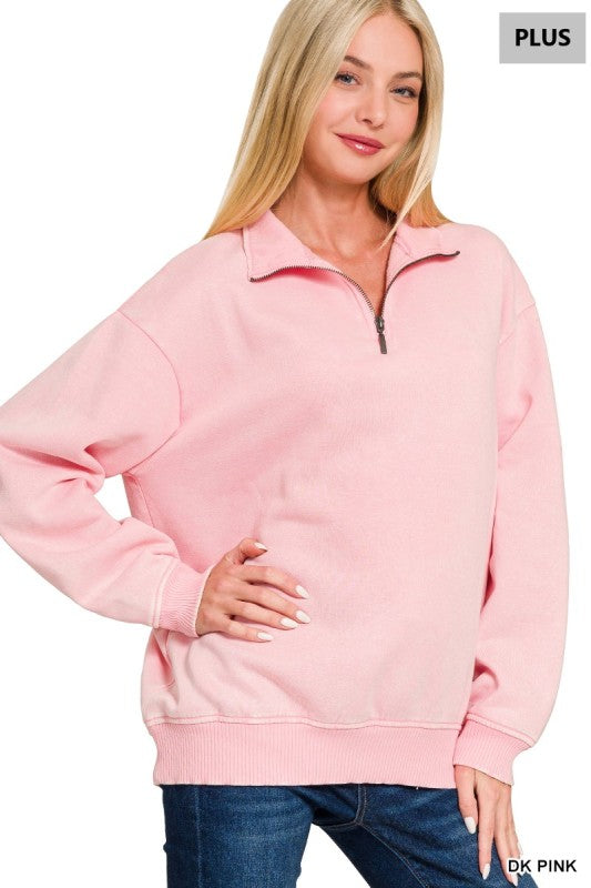 Zenana Plus Acid Wash Half Zip Pillover pullover Pink