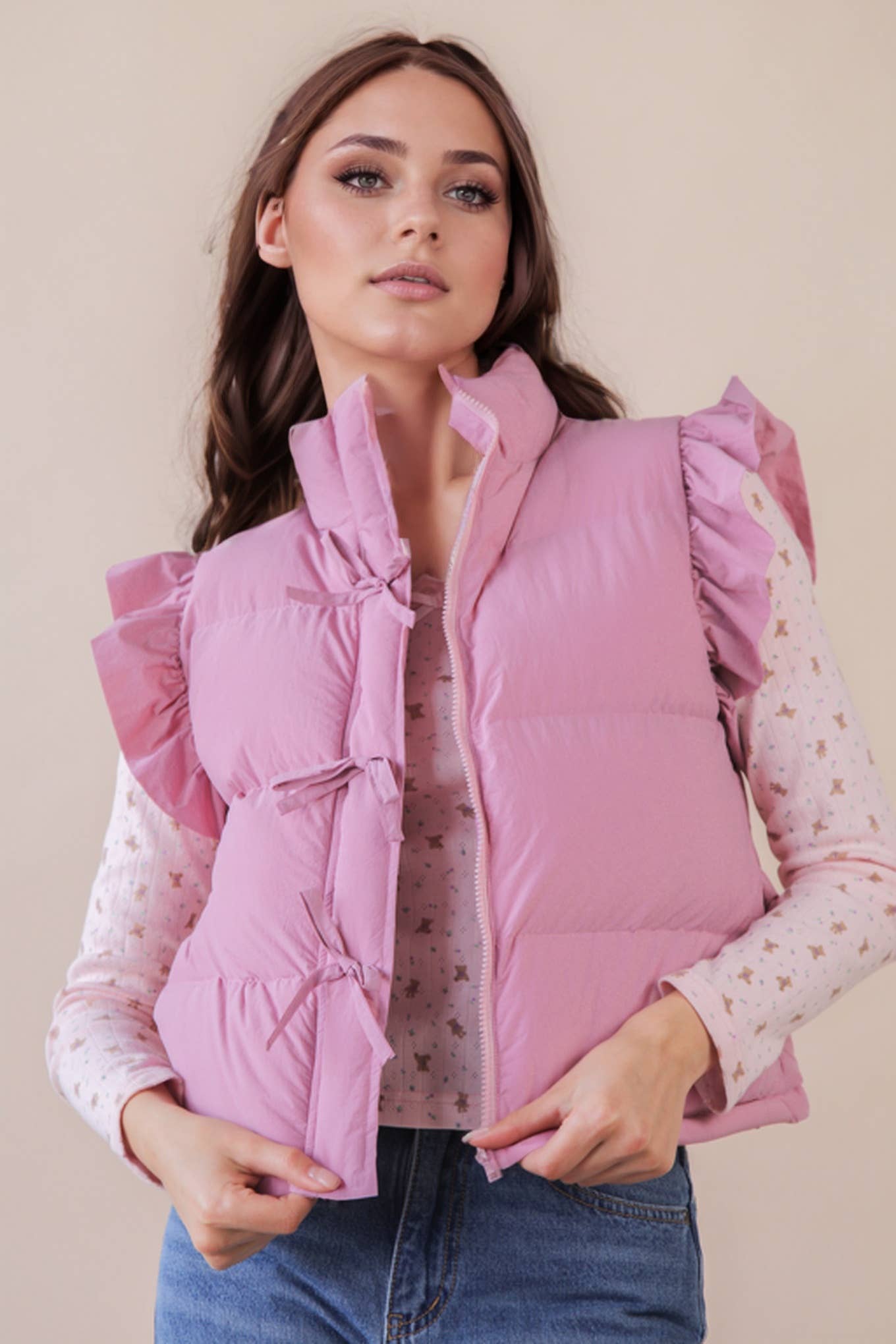 Front Bow Ruffle Sleeve Puffer Vest vest Small PINK