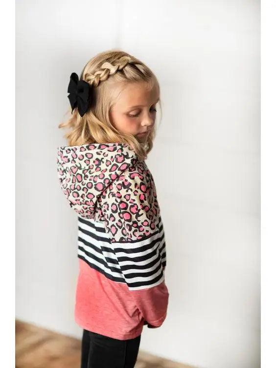 Kids Pink Leopard Stripe Long Sleeve Hoodie Shirt - Moonlight Boutique