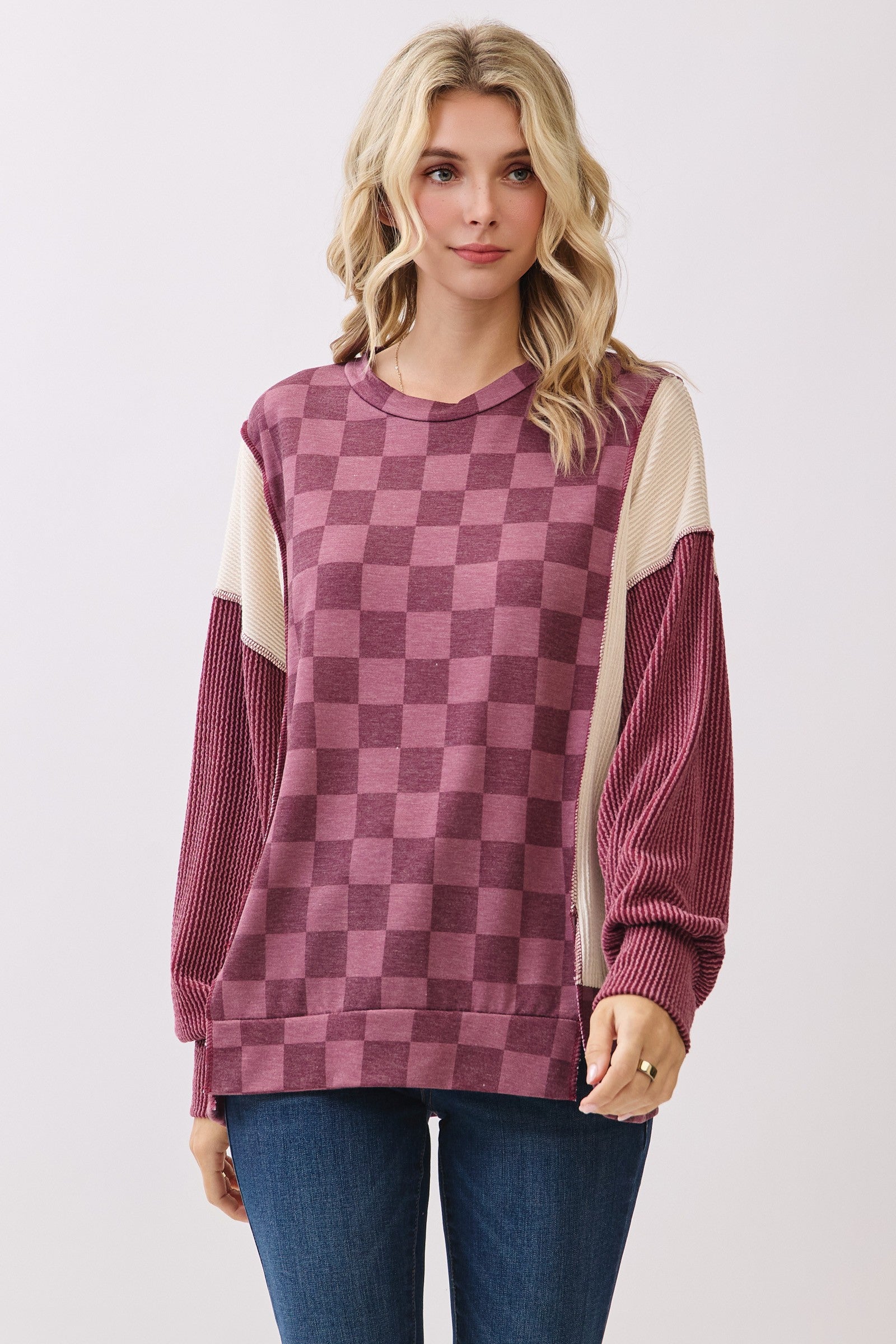 Checkered Print Long Sleeve Pullover Top Tops