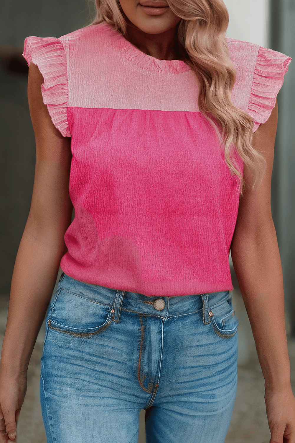 Rose Red Two Tone Ruffled Flutter Sleeve Blouse - Moonlight Boutique