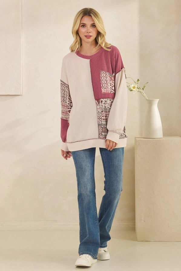 Patchwork Knit Long Sleeve Pullover Top - Oatmeal & Burgundy Color Block Sweater