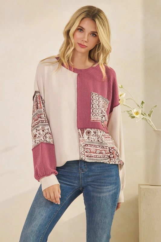 Patchwork Knit Long Sleeve Pullover Top - Oatmeal & Burgundy Color Block Sweater