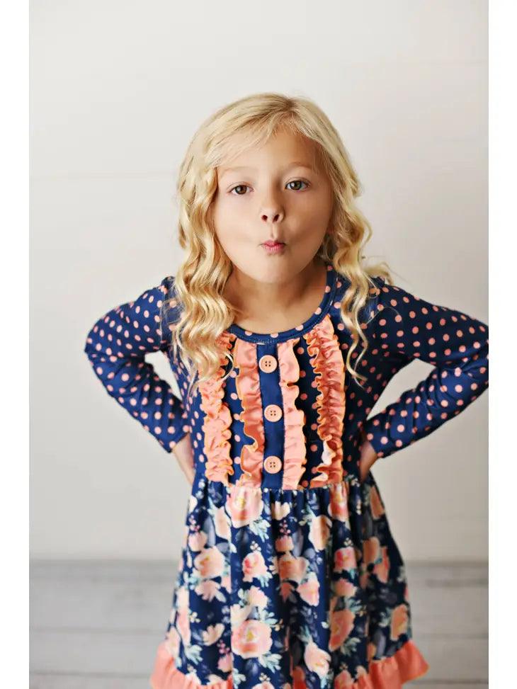 Kids Navy Coral Floral Long Sleeve Ruffle Dress - Moonlight Boutique