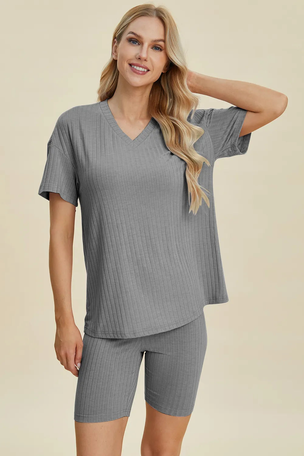 Basic Bae Full Size Ribbed V-Neck Short Sleeve Top and Shorts Set Clothing Set Gray