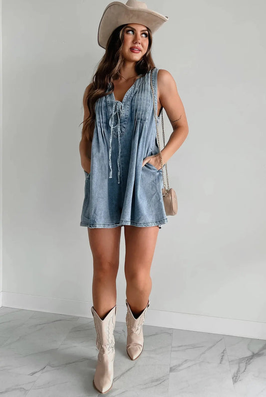 Tie Front V-Neck Sleeveless Denim Romper