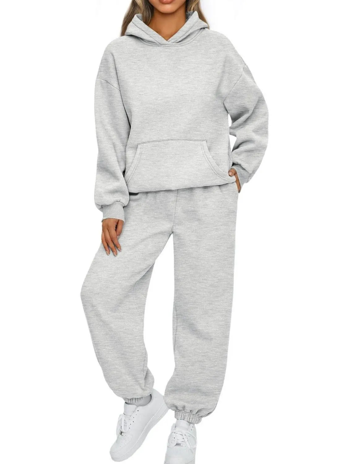 Full Size Kangaroo Pocket Hoodie and Joggers Set Plus Size Clothing Set Light Gray