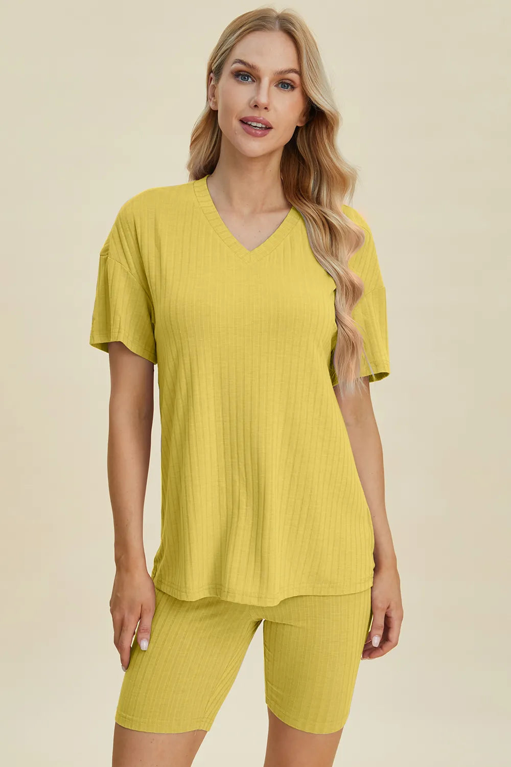 Basic Bae Full Size Ribbed V-Neck Short Sleeve Top and Shorts Set Clothing Set Yellow
