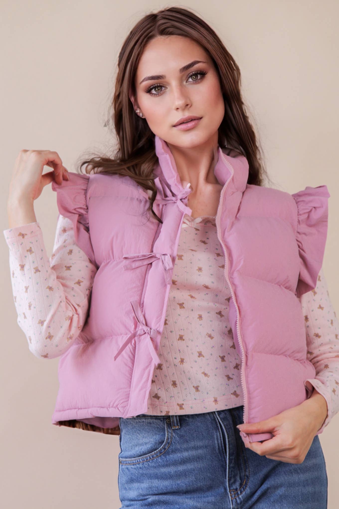 Front Bow Ruffle Sleeve Puffer Vest vest PINK