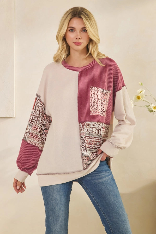 Patchwork Knit Long Sleeve Pullover Top - Oatmeal & Burgundy Color Block Sweater