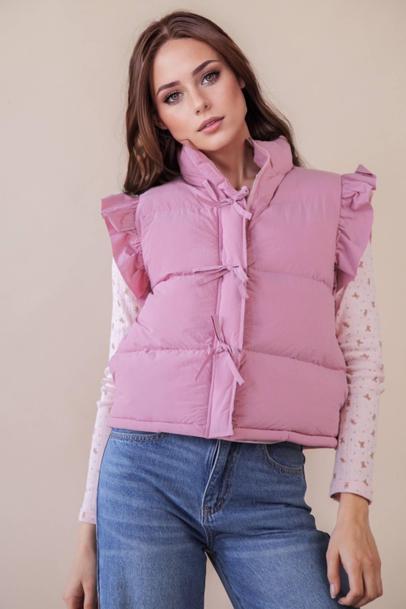 Front Bow Ruffle Sleeve Puffer Vest vest