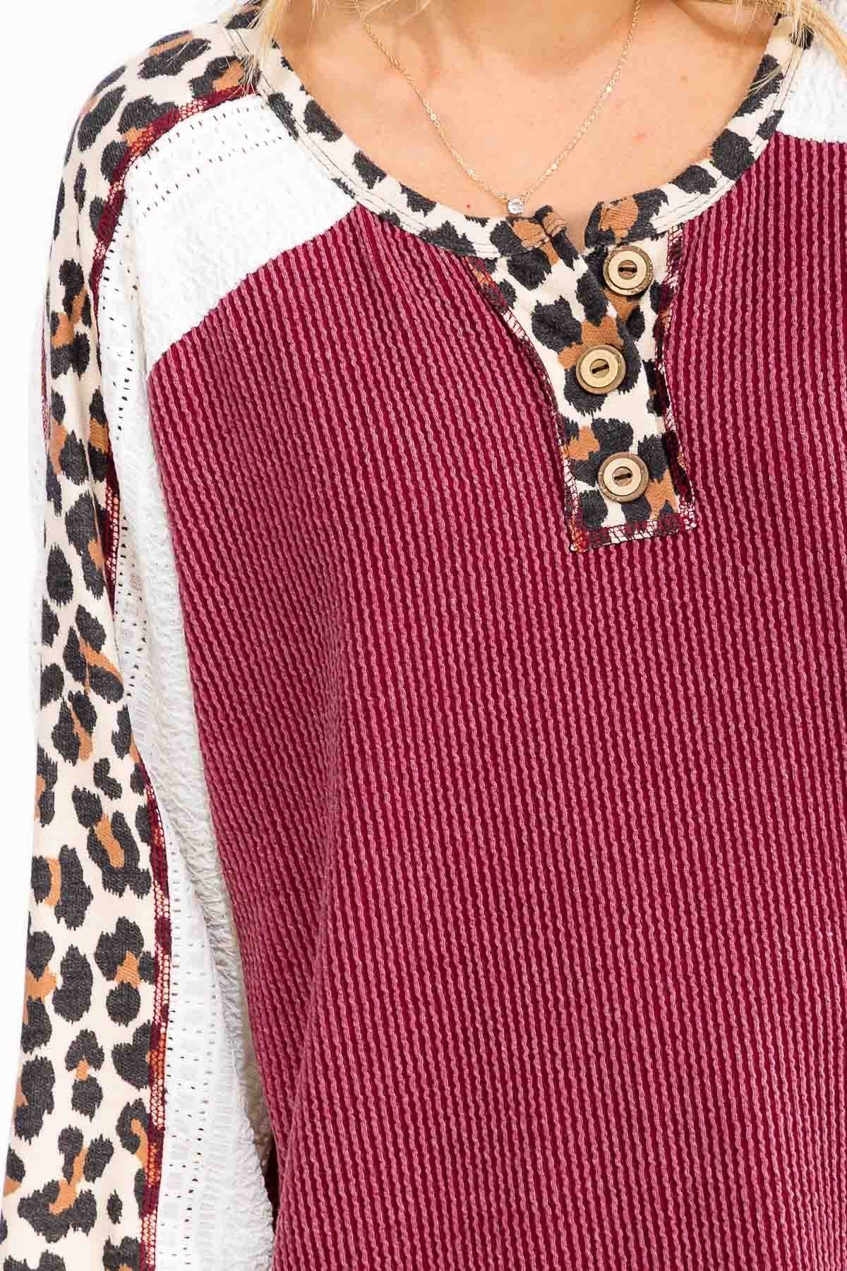 Plus Rib Knit Leopard& Lace Sleeve Detail Top Tops