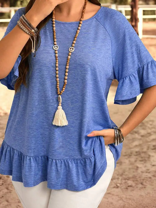 Dusk Blue Ruffled Short Sleeve Plus Size Casual Blouse