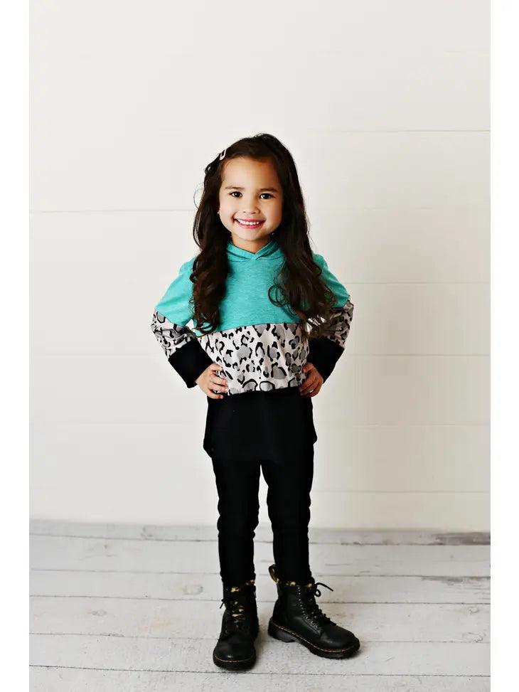 Kids Teal Black & Leopard Print Winter Hoodie Shirt - Moonlight Boutique