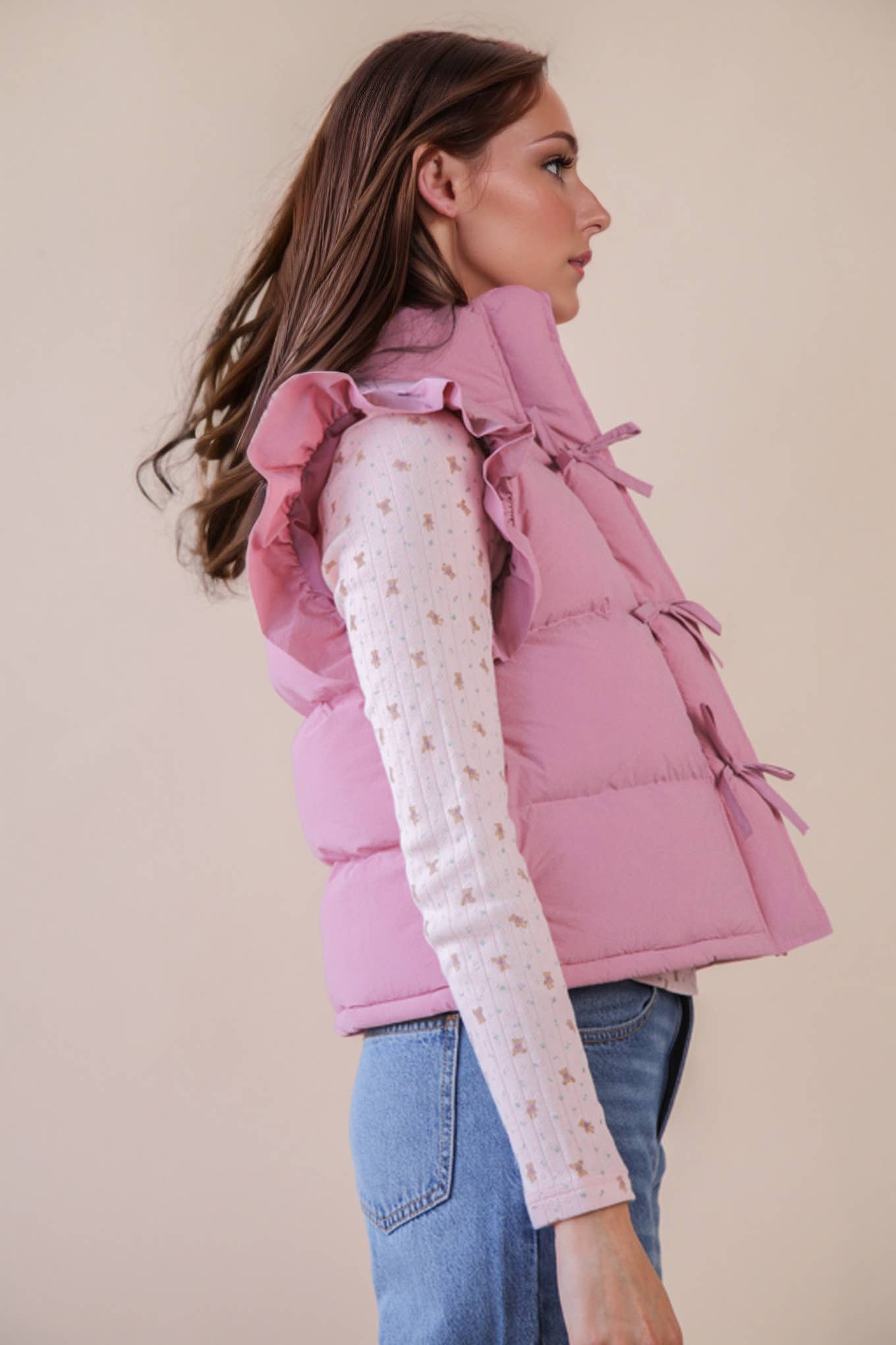 Front Bow Ruffle Sleeve Puffer Vest vest