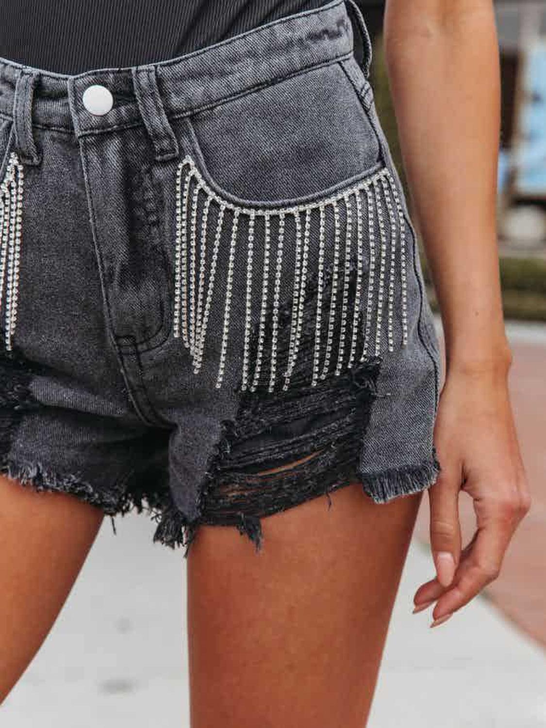 Distressed Fringe Denim Shorts with Pockets - Moonlight Boutique