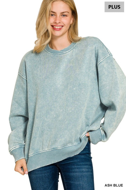 Plus Acid Wash Oversized Fleece Pullover Sweatshirt Ash Blue