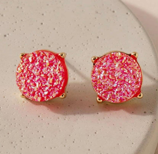 Round Druzy Stone Stud Earrings Earrings Pink (RDAB)
