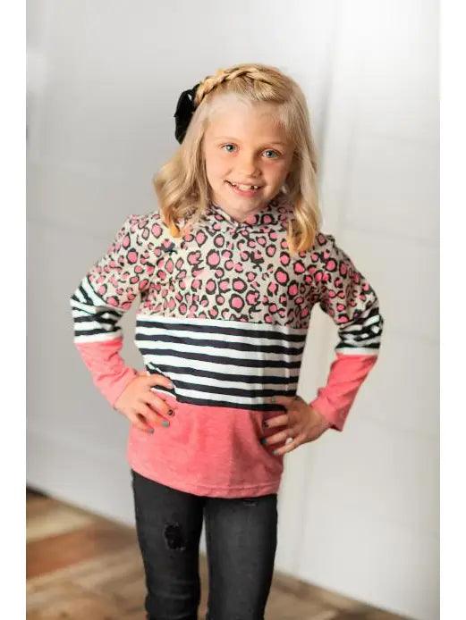 Kids Pink Leopard Stripe Long Sleeve Hoodie Shirt - Moonlight Boutique