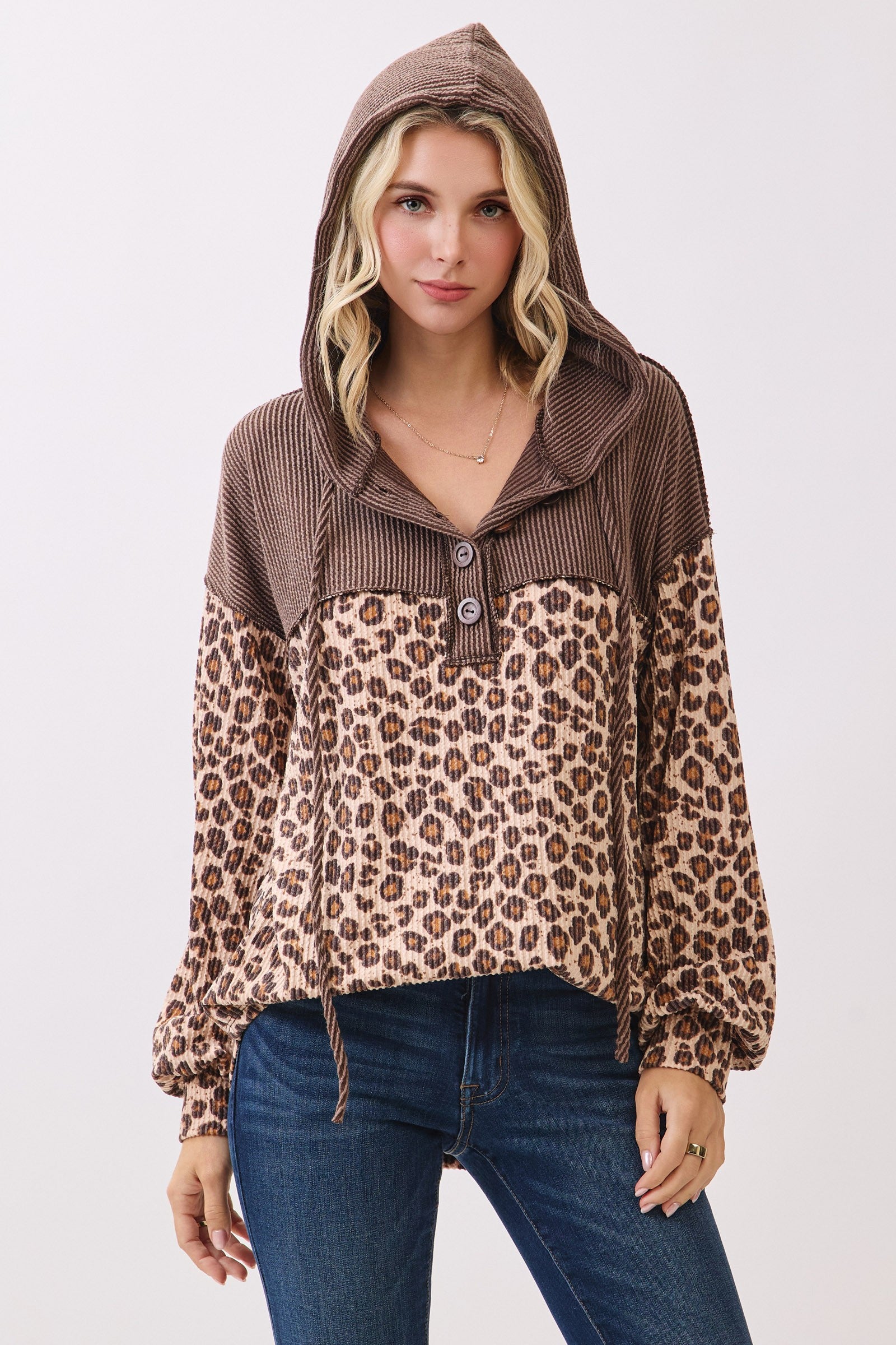 Leopard Button Front Drawstring Hooded Sweatshirt Tops