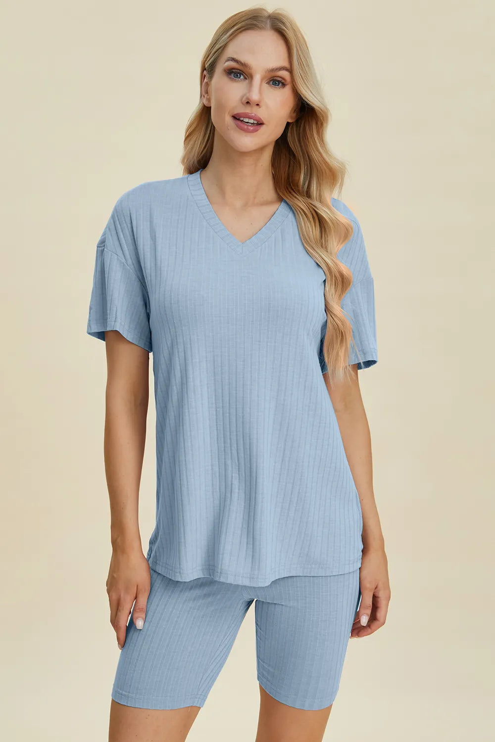 Basic Bae Full Size Ribbed V-Neck Short Sleeve Top and Shorts Set Clothing Set Light Blue