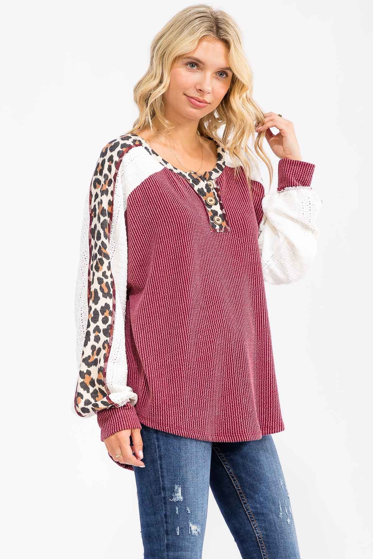 Plus Rib Knit Leopard& Lace Sleeve Detail Top Tops