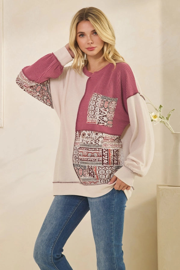 Patchwork Knit Long Sleeve Pullover Top - Oatmeal & Burgundy Color Block Sweater
