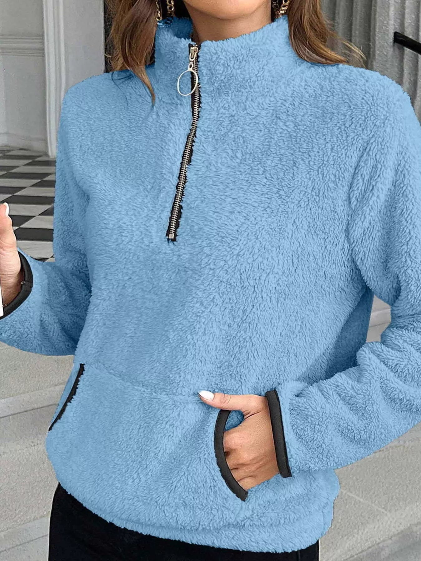 Plus Size Cozy Fleece Quarter Zip Sweatshirt with Pockets Sweatshirt