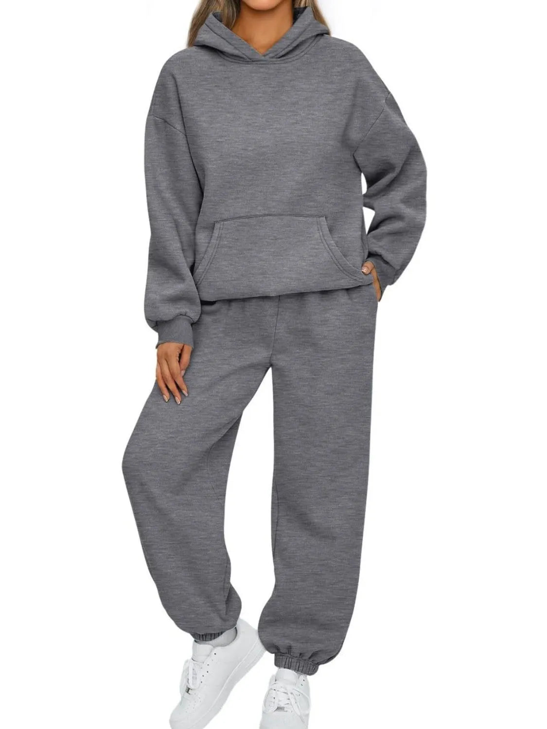 Full Size Kangaroo Pocket Hoodie and Joggers Set Plus Size Clothing Set Dark Gray