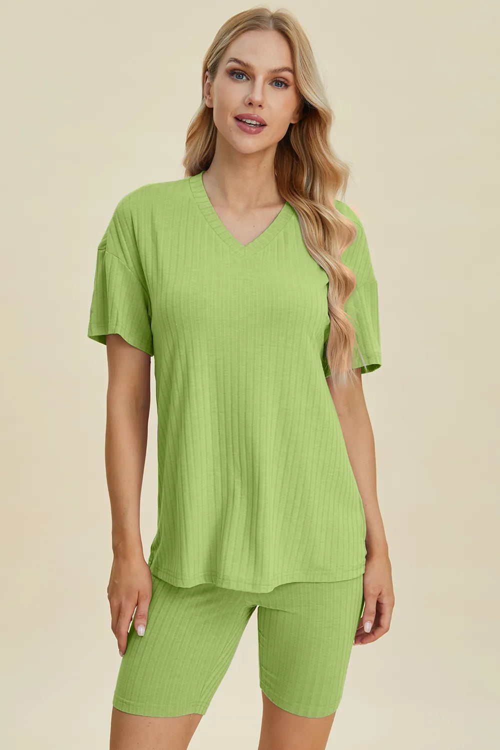 Basic Bae Full Size Ribbed V-Neck Short Sleeve Top and Shorts Set Clothing Set Yellow-Green