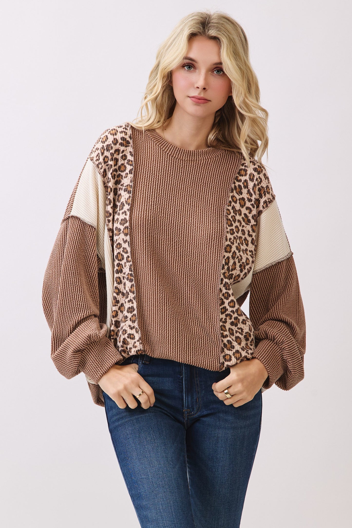 Color Block Rib Knit Oversized Top Tops