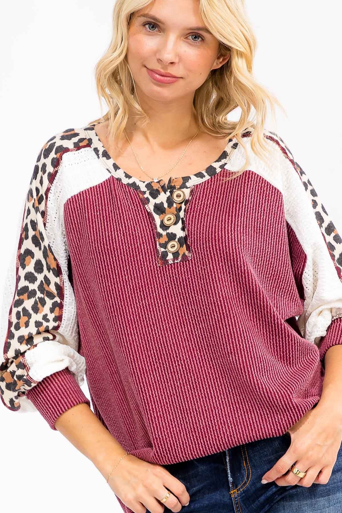 Plus Rib Knit Leopard& Lace Sleeve Detail Top Tops