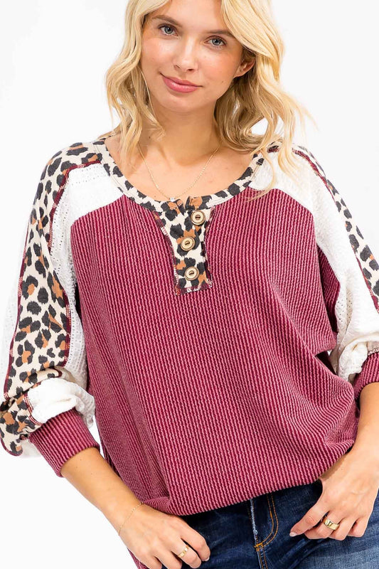 Plus Rib Knit Leopard& Lace Sleeve Detail Top Tops