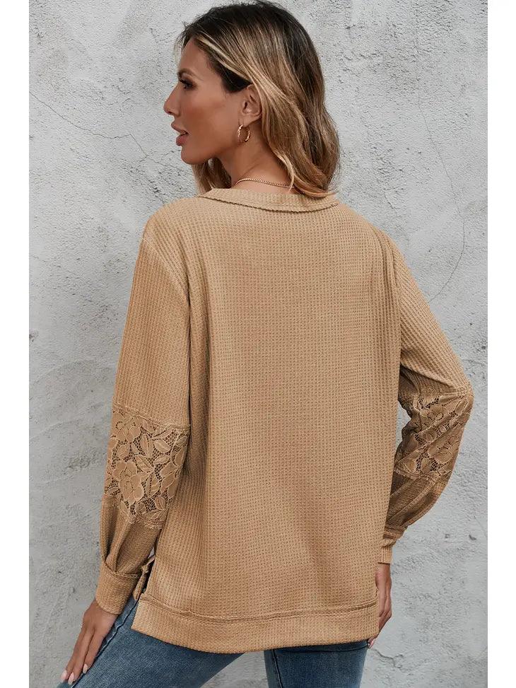 Apricot Lace Waffle Patchwork Strappy V Neck Long Sleeve Top - Moonlight Boutique