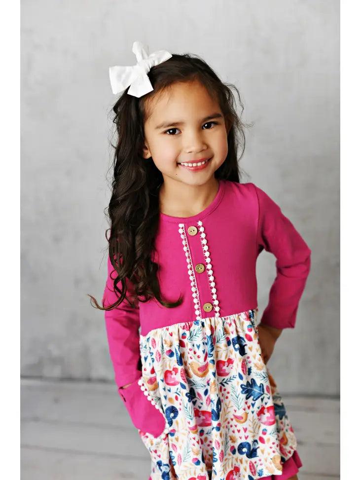 Kids Bright Pink Woodland Animal Print Pocket Dress - Moonlight Boutique