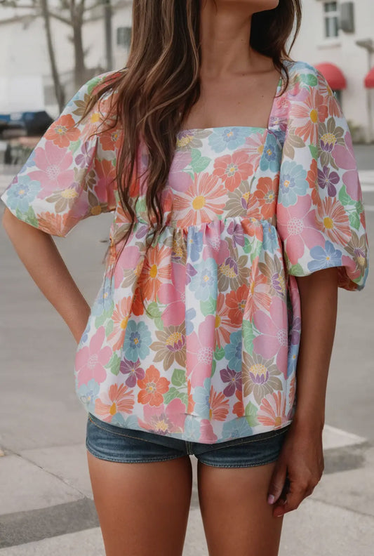 Floral Puff Sleeve Square Neck Babydoll Blouse