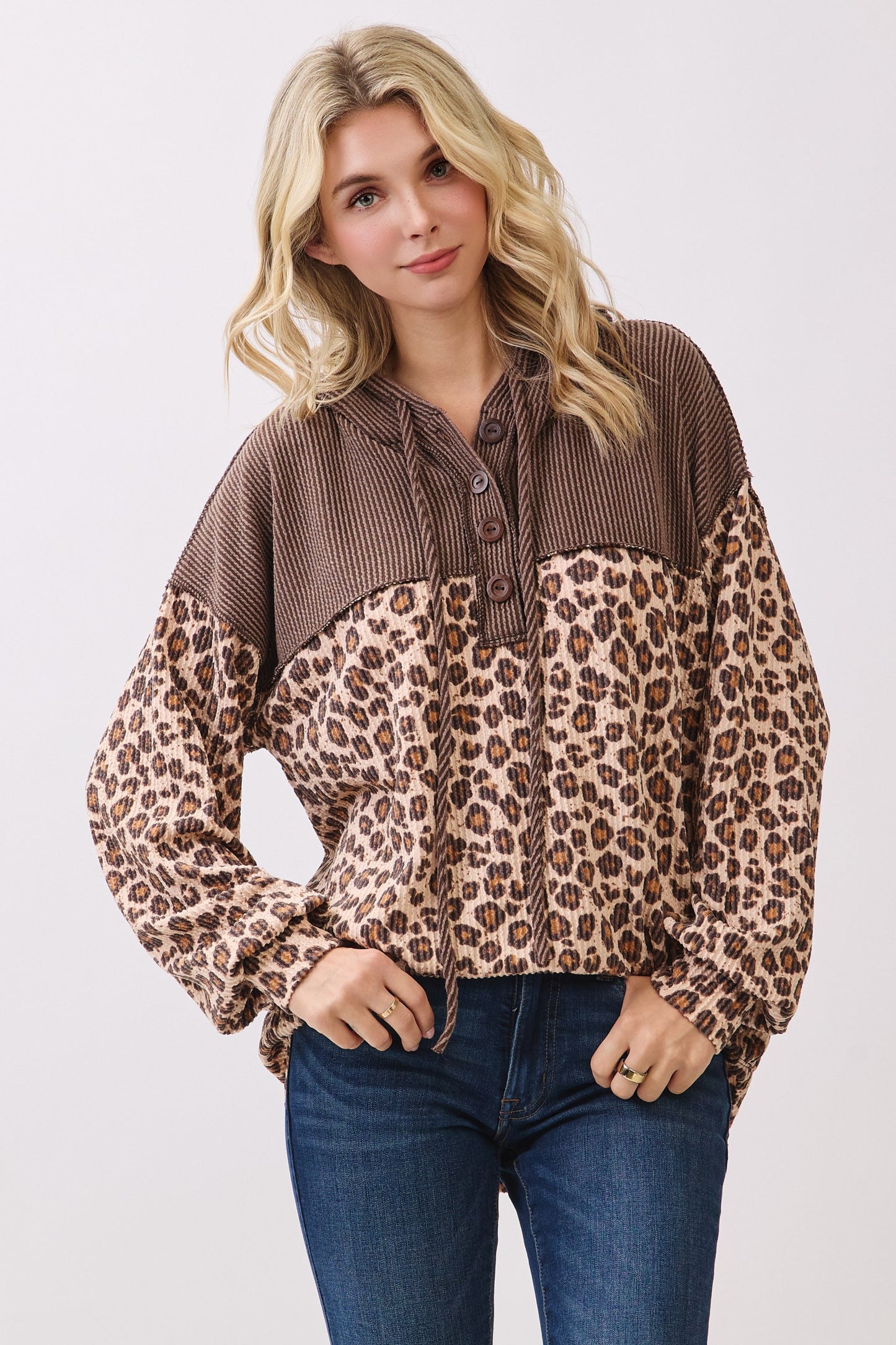 Leopard Button Front Drawstring Hooded Sweatshirt Tops