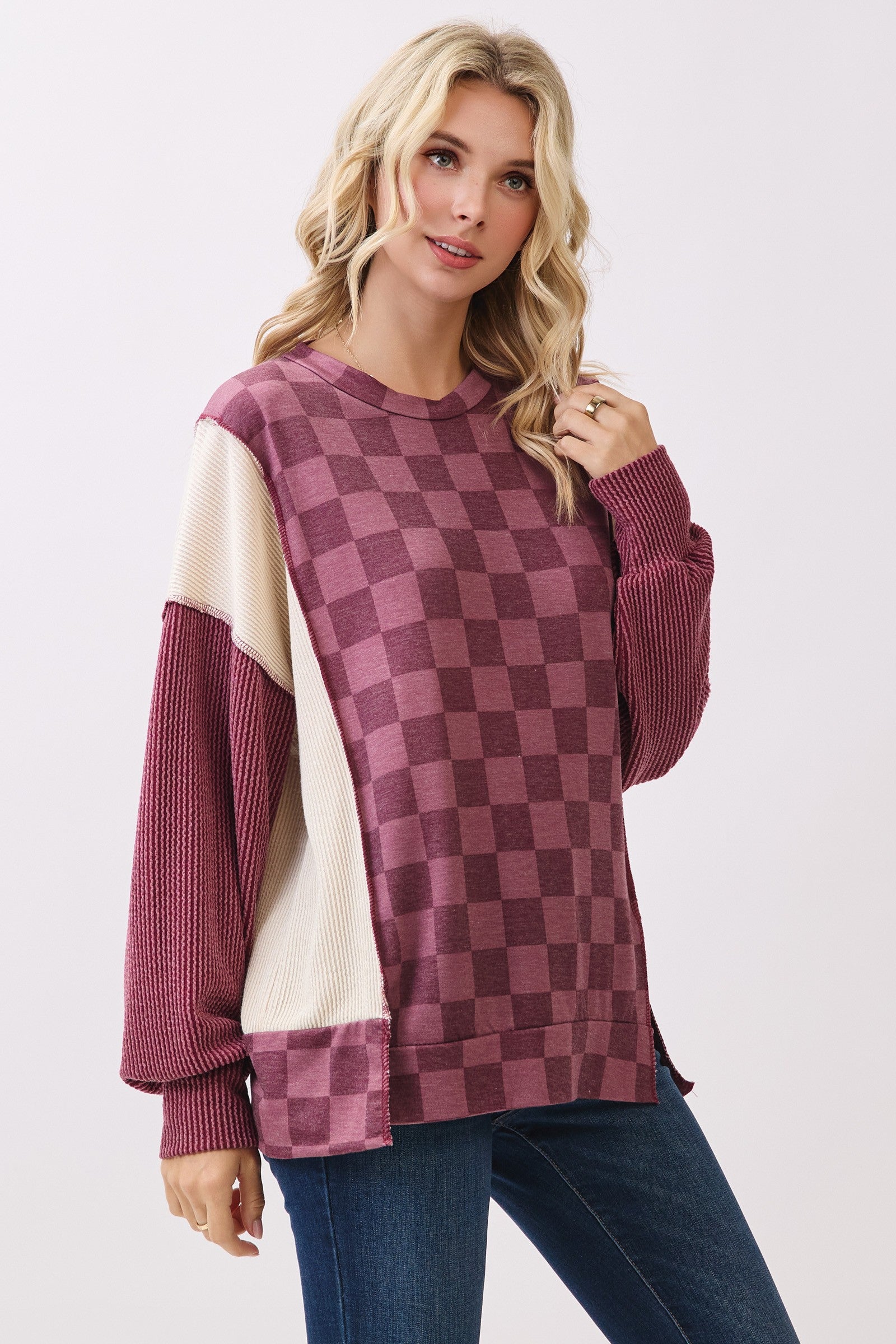 Checkered Print Long Sleeve Pullover Top Tops