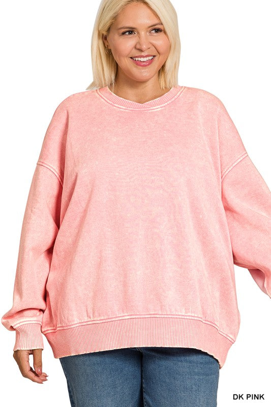 Plus Acid Wash Oversized Fleece Pullover