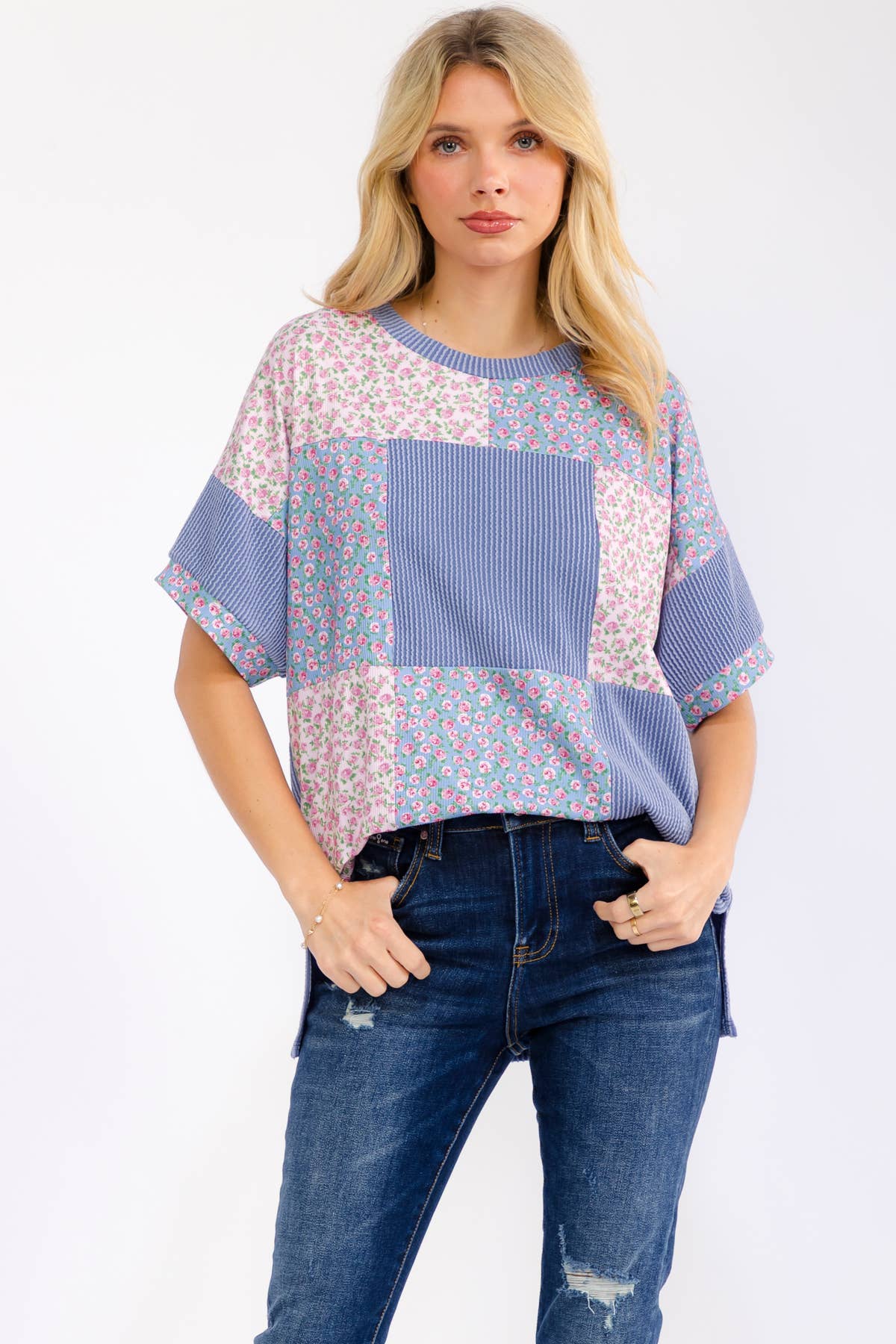 Meadow Bloom Patchwork Shirt Sleeve Top Denim Blue
