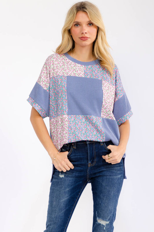 Meadow Bloom Patchwork Shirt Sleeve Top Denim Blue